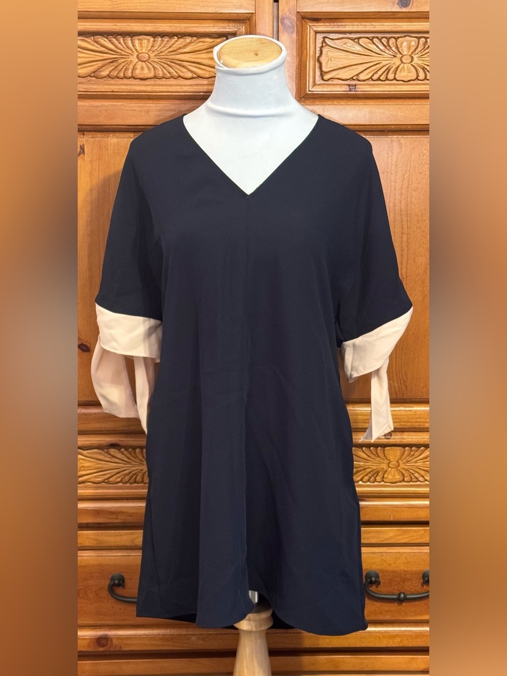 Zara Navy Dress with Cream Tie Sleeves